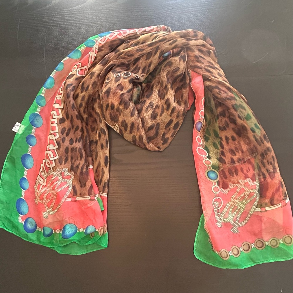 Roma Leopard Print Silk Scarf with Green and Coral/Pink Highlights